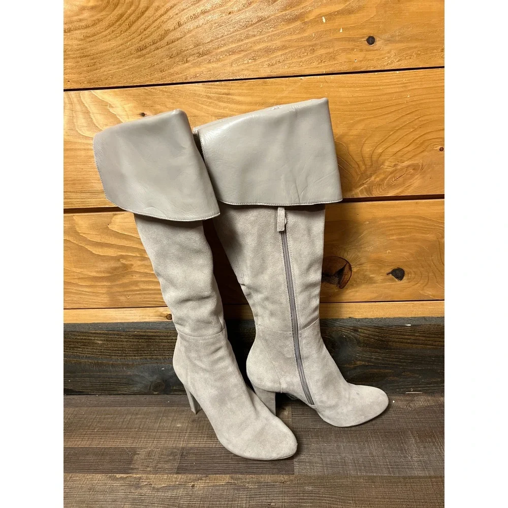 White‎ House Black Market Suede Leather Fold Over the KneeTall Boots Gray 7.5M